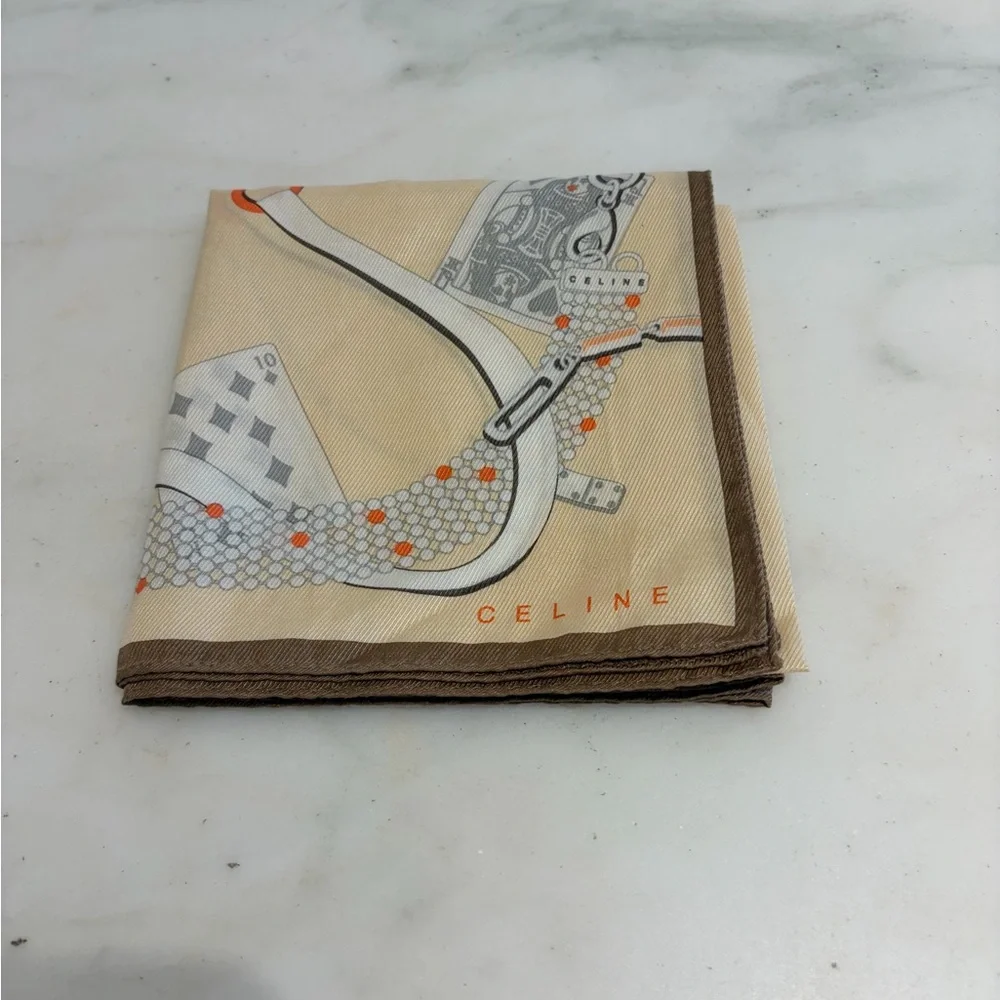 Celine Beige and Orange Silk Scarf with Chain Cards Motif